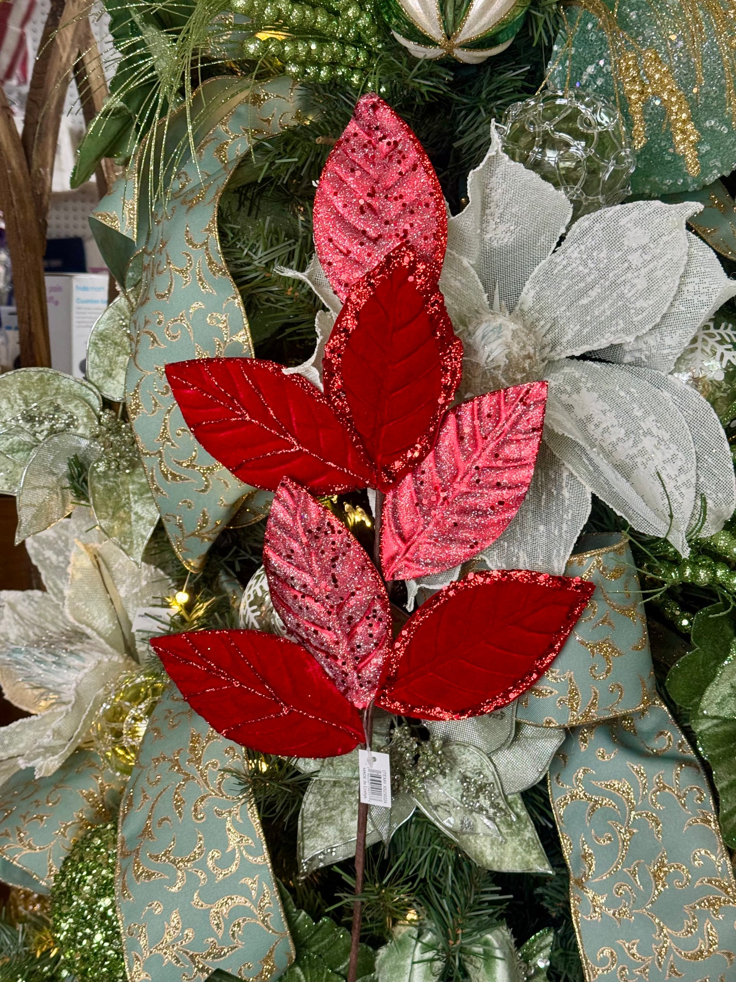 27 Inch Red Velvet Glitter Magnolia Leaf Spray