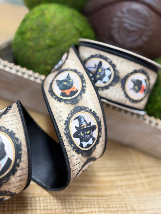 2.5 Inch By 10 Yard Black And Grey Vintage Black Cat Fused Ribbon