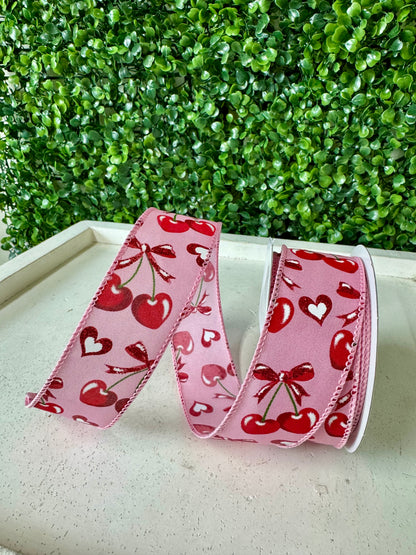 1.5 Inch By 10 Yard Pink Red Cherry Heart Ribbon