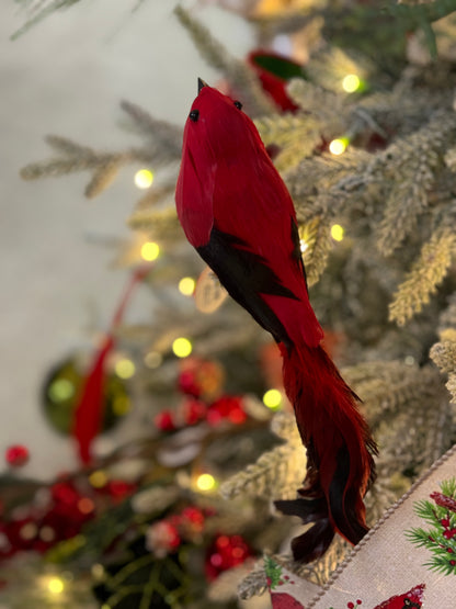 9 Inch Red Feather Bird With Clip Ornament