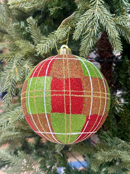 6 Inch Lime Green And Red Plaid Glitter Ornament Ball