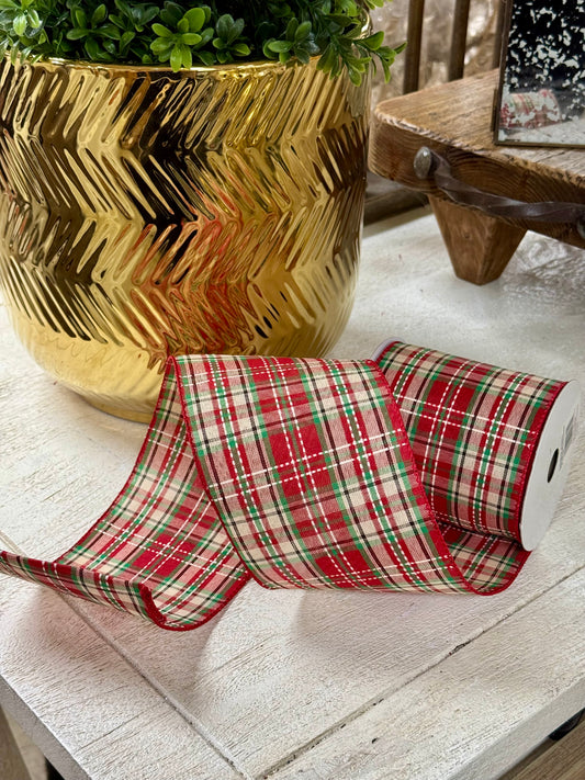 4 Inch By 10 Yard Red Green Natural Tradition Saddle Stitch Ribbon