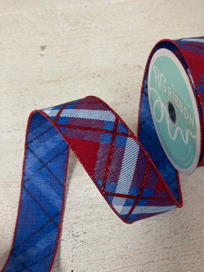 1.5 Inch By 10 Yard Red Royal Blue And White Glitter Plaid Ribbon