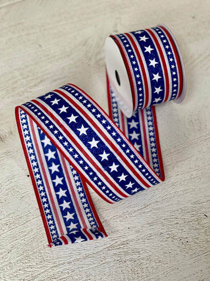 2.5 Inch By 10 Yard Red White And Blue Stripes With Stars Ribbon