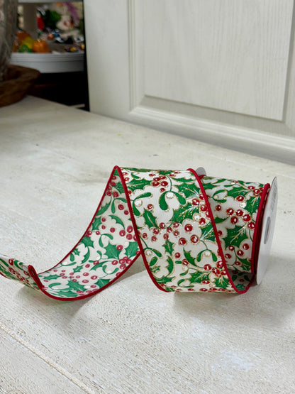 2.5 Inch By 10 Yard Holly Berry And Mistletoe Ribbon