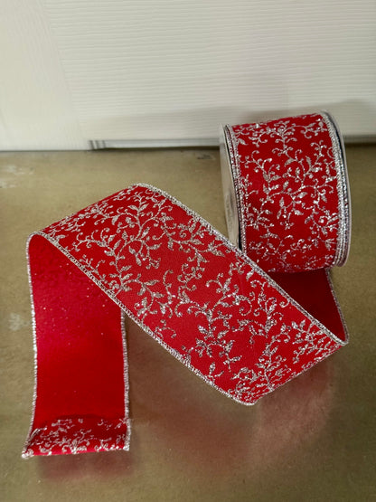2.5 Inch By 10 Yard Red And Silver Glitter Mini Leaf Vines Ribbon