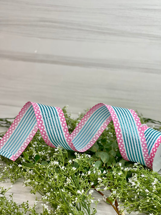 2.5 Inch By 10 Yard Aqua Glitter Stripes With Pink And White Polka Dots Ribbon