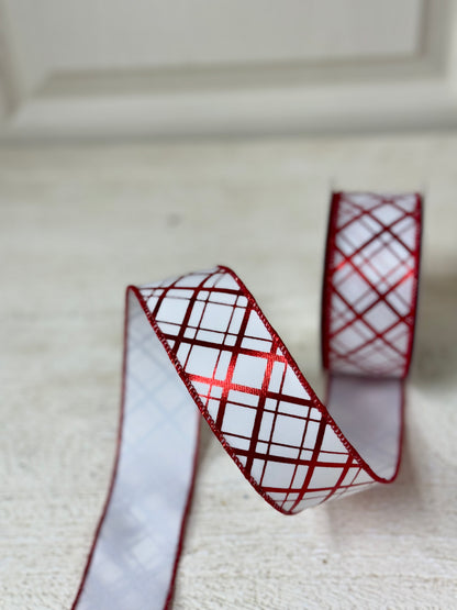 1.5 Inch By 10 Yard Red And White Metallic Diagonal Stripes Ribbon