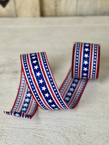 2.5 Inch By 10 Yard Red White And Blue Stripes With Stars Ribbon