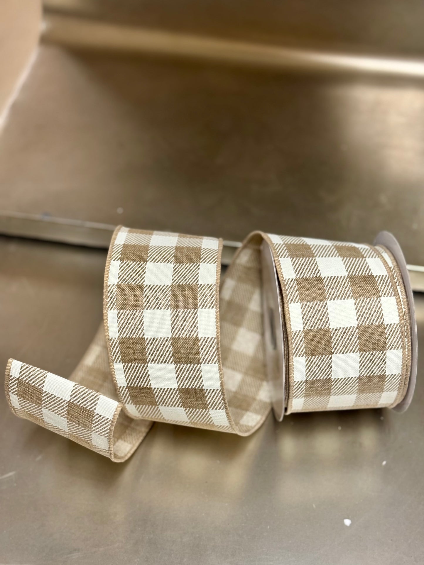 2.5 Inch By 10 Yard Light Beige And Ivory Check Ribbon