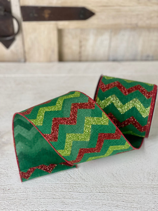 4 Inch By 10 Yard Red And Lime Glitter Chevron Ribbon