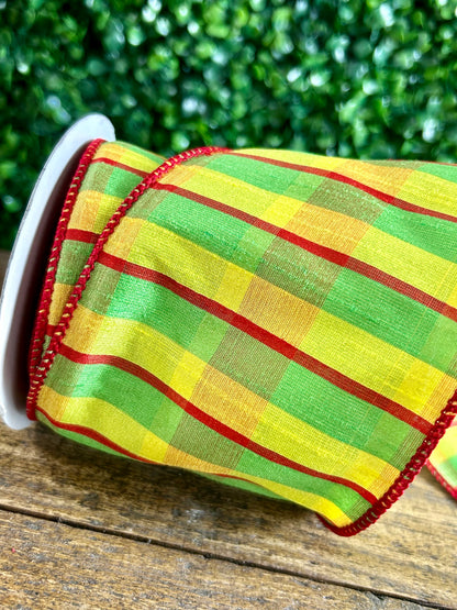4 Inch By 10 Yard Red Lime And Yellow Dupioni Ribbon