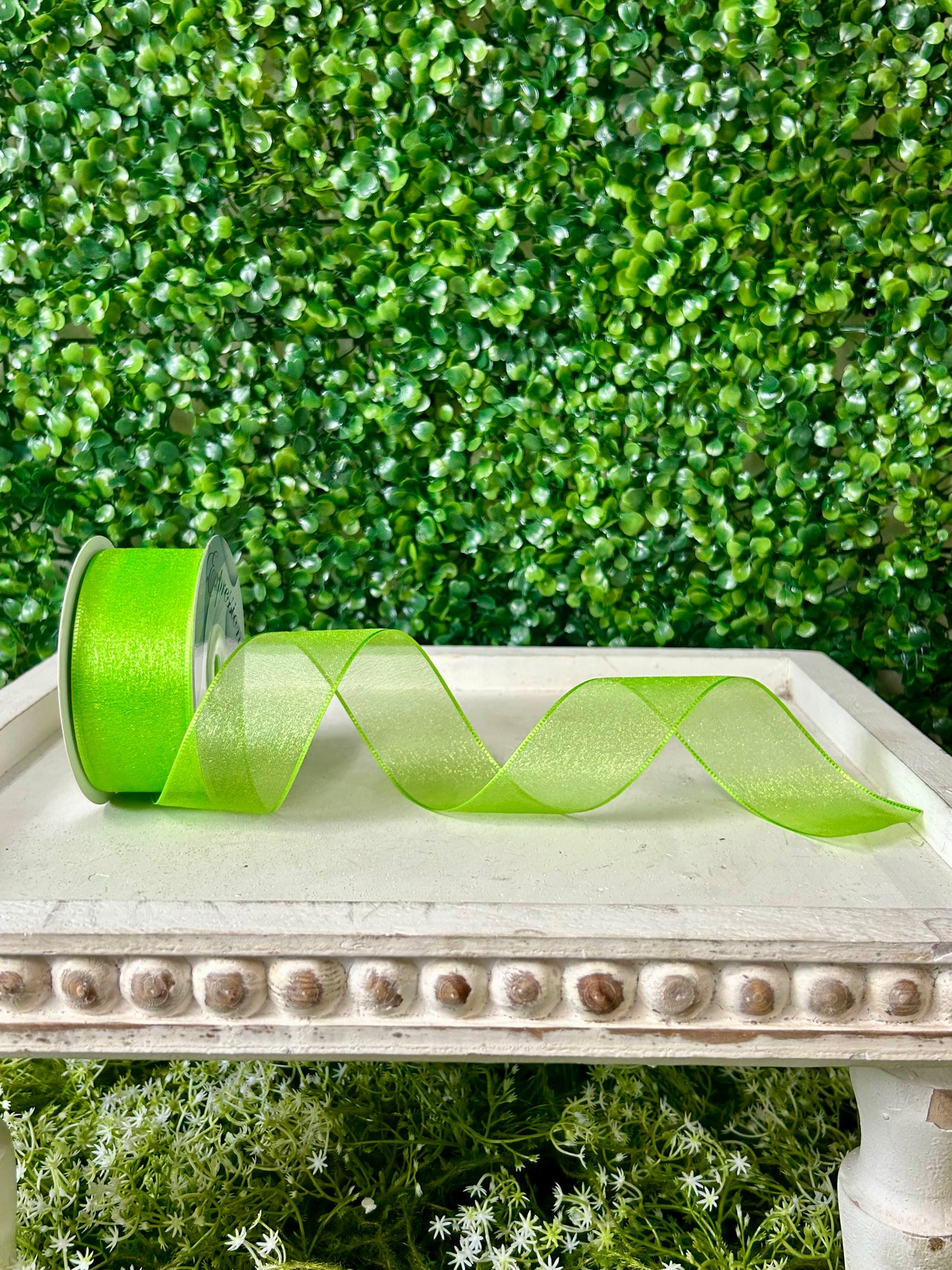 1.5 Inch By 25 Yard Apple Green Snow Organza Unwired Ribbon