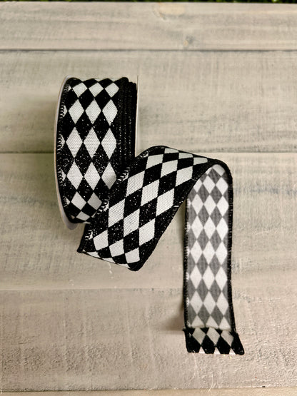 1.5 Inch By 10 Yard White And Black Glitter Harlequin Ribbon