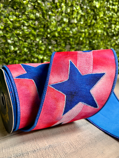 John Mark 4 Inch By 10 Yard Pink And Blue Water Color Star Print Fused Ribbon