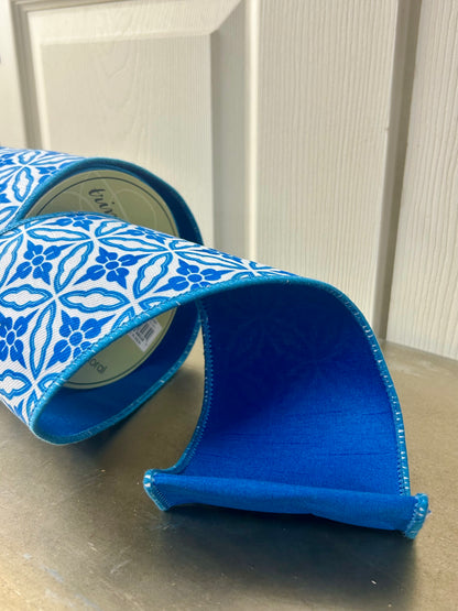 4 Inch By 10 Yard Blue And White Double Sided Geometric Dupioni Ribbon