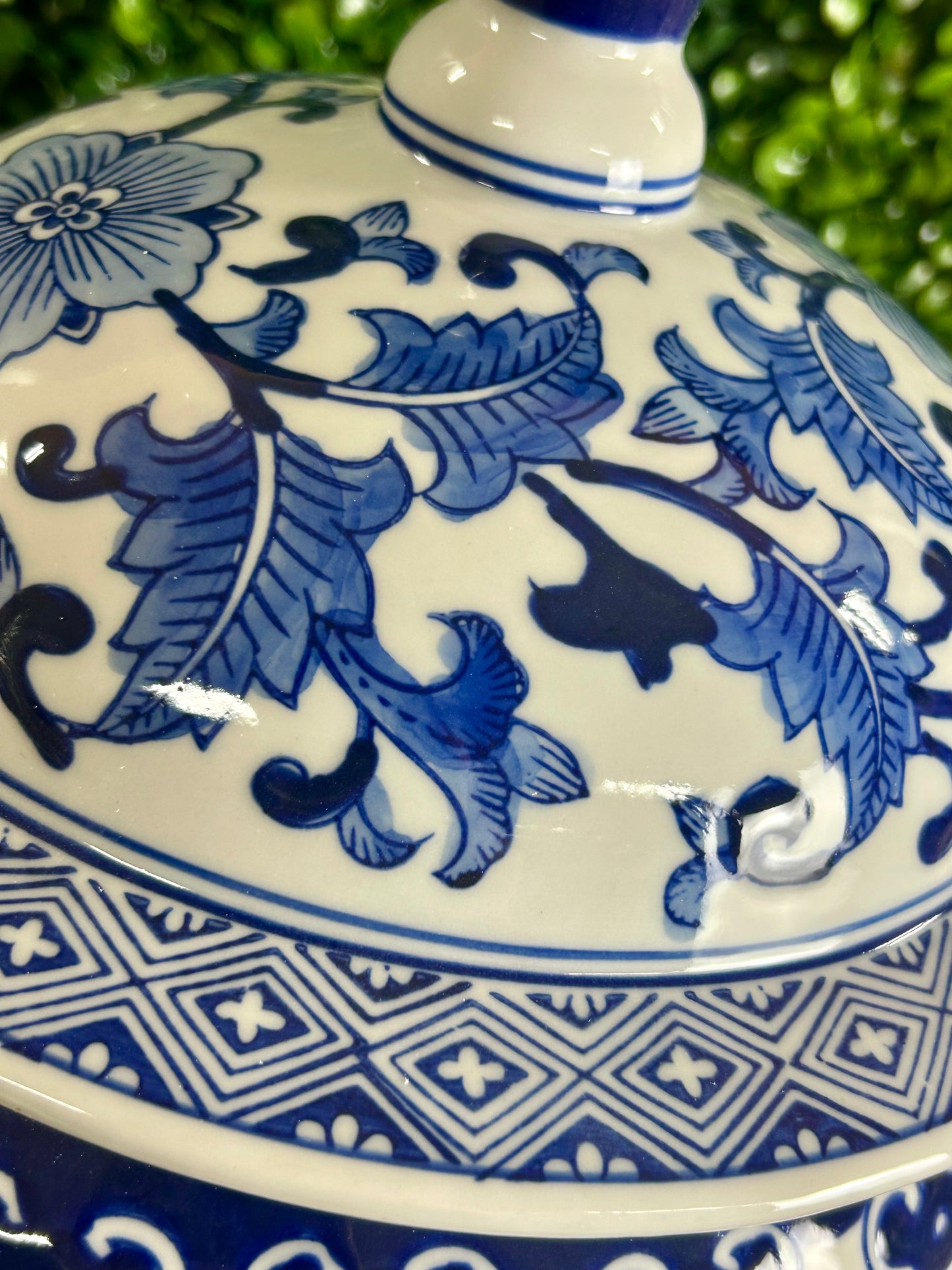 14.25 Inch Royal Blue And White Ceramic Lidded Ginger Jar