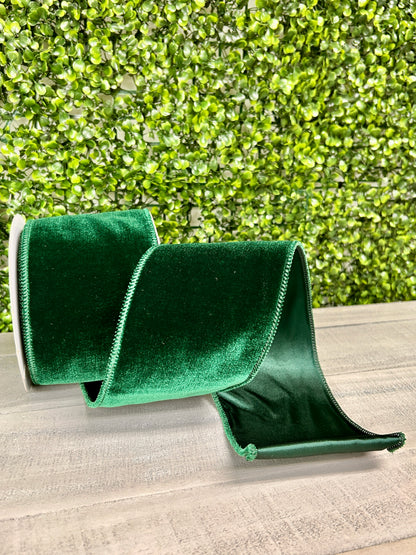 4 Inch By 10 Yard Hunter Green Deluxe Velvet With Satin Backing Ribbon