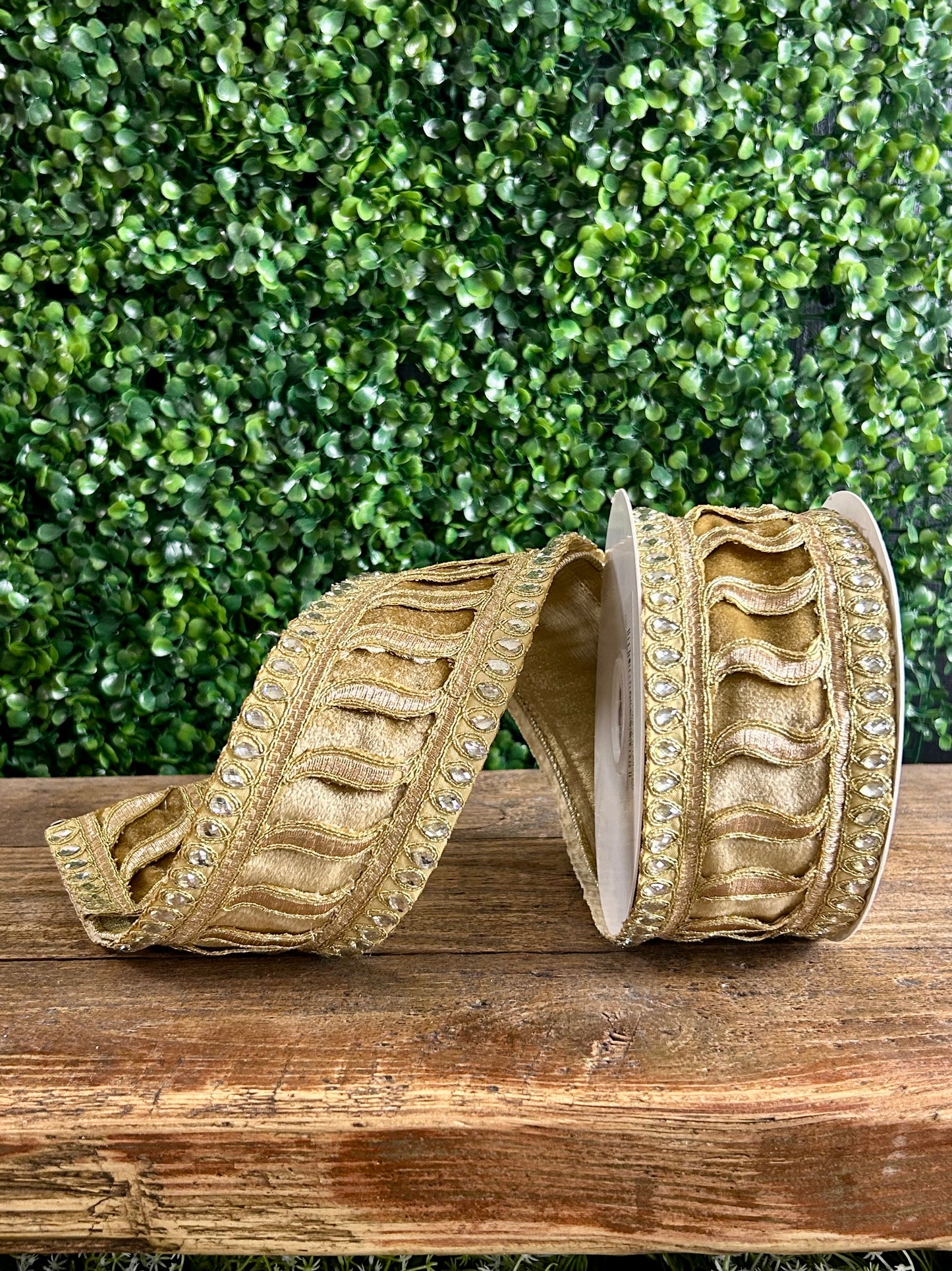 2.5 Inch By 5 Yard Champagne Jeweled Trim Elegance Velvet Ribbon