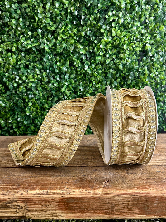 2.5 Inch By 5 Yard Champagne Jeweled Trim Elegance Velvet Ribbon