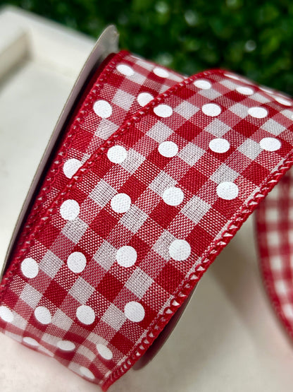 1.5 Inch By 10 Yard Red And White Small Polka Dots On Gingham Check Ribbon