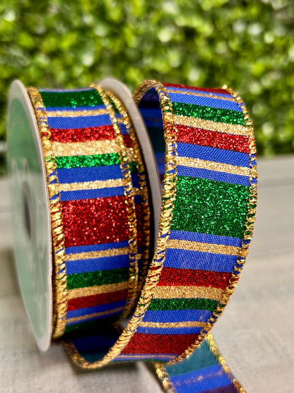 7/8 Inch By 10 Yard Royal Blue Red And Emerald Horizontal Stripe Ribbon