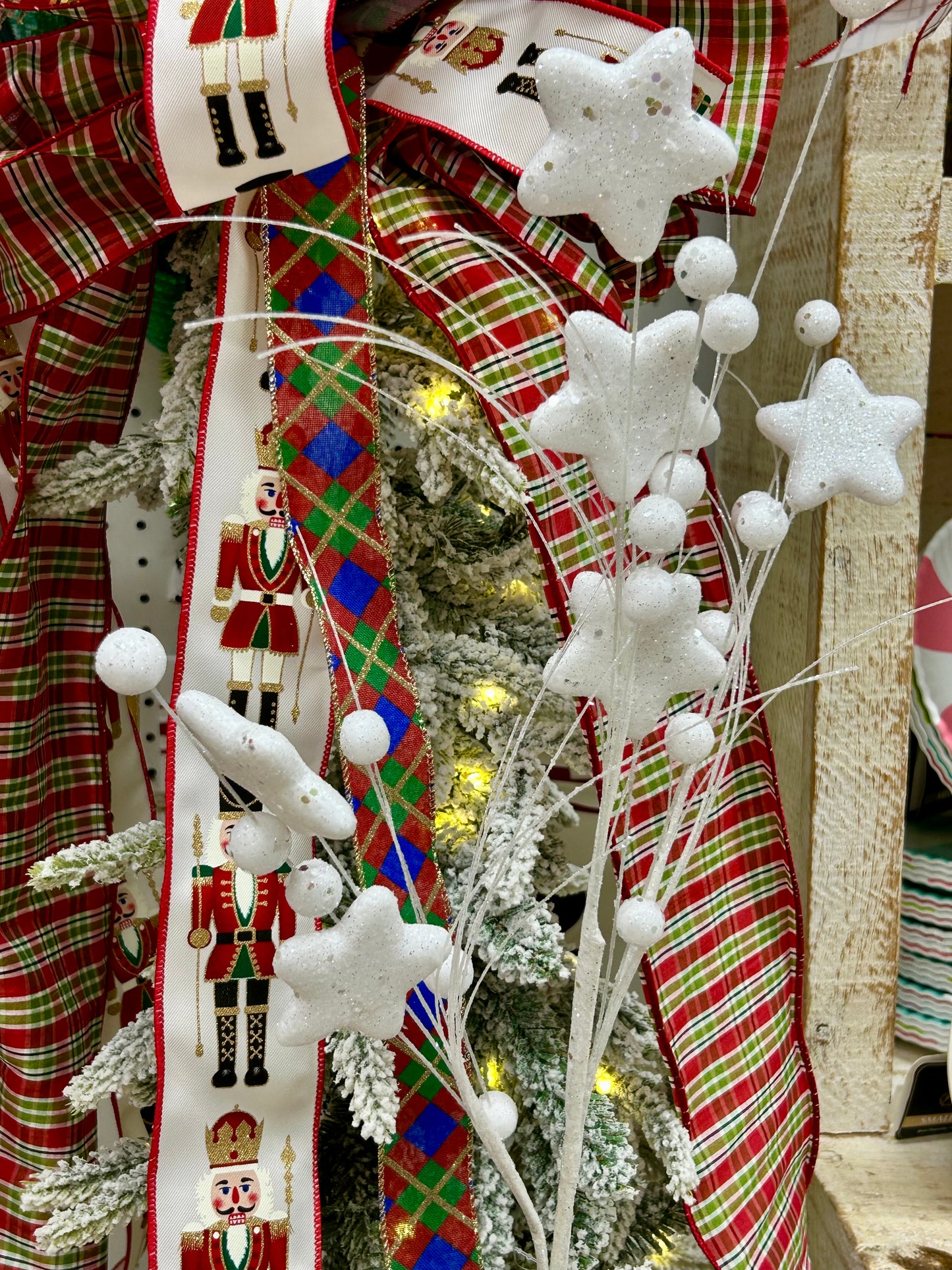 34 Inch White Glitter Star Berry Pine Spray