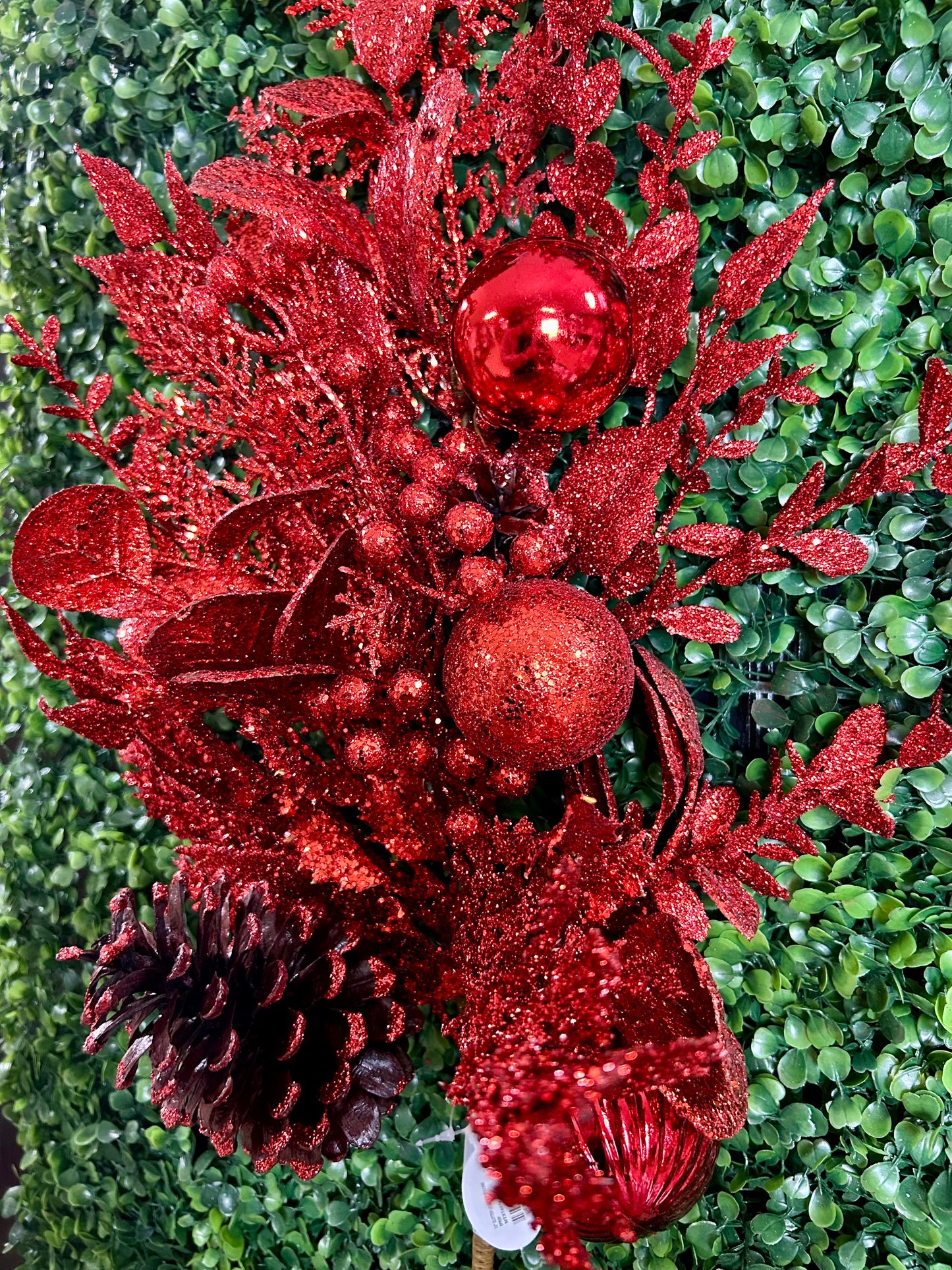 32 Inch Red Glitter Leaf Berry And Cone Spray