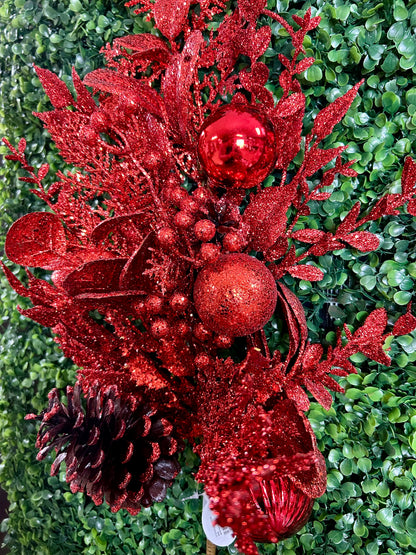 32 Inch Red Glitter Leaf Berry And Cone Spray