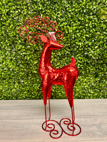Red Metallic Curly Antler Standing Deer Two Assorted