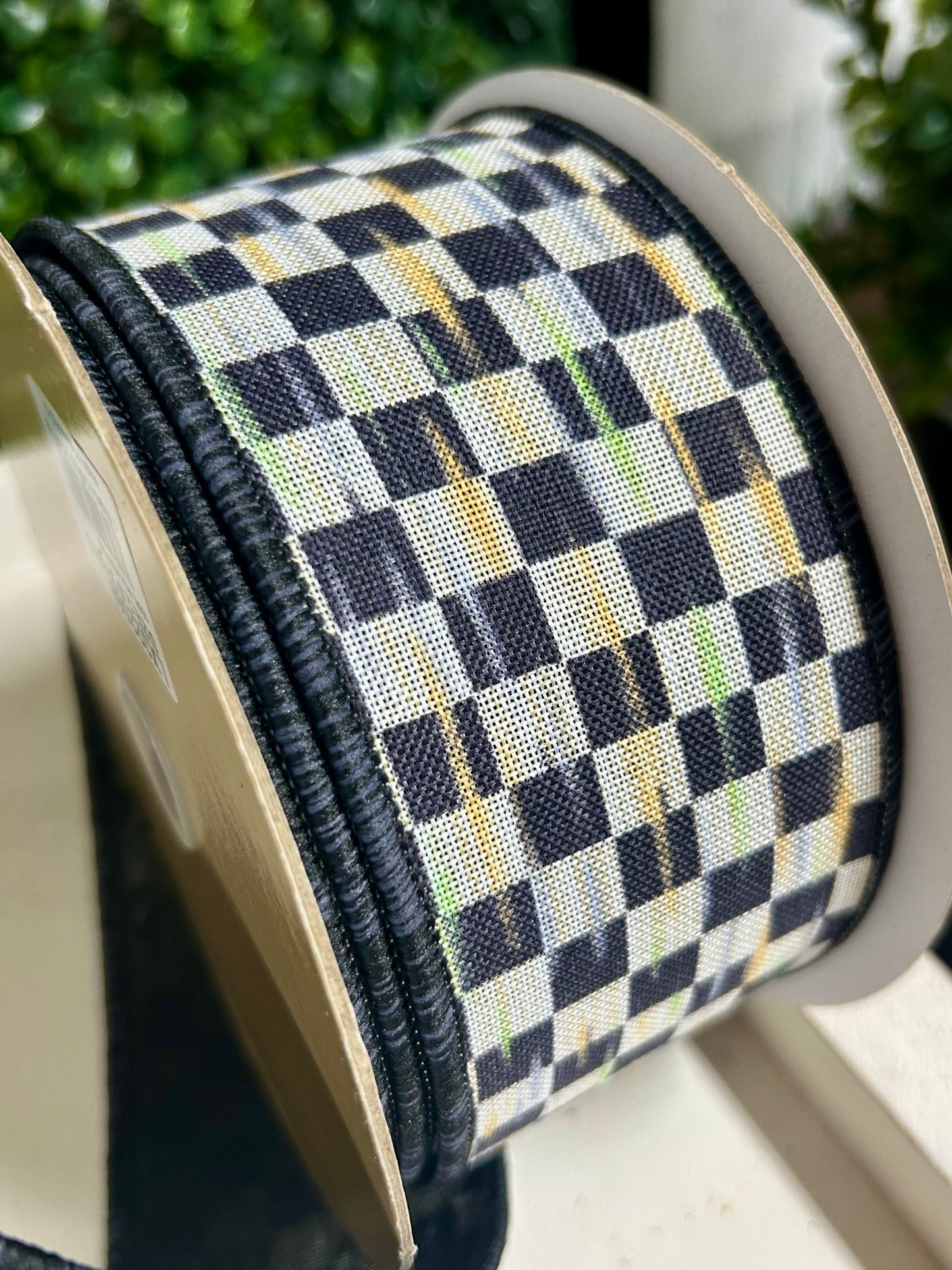 2.5 Inch By 10 Yard Beige And Black Mini Antique Checkerboard Ribbon