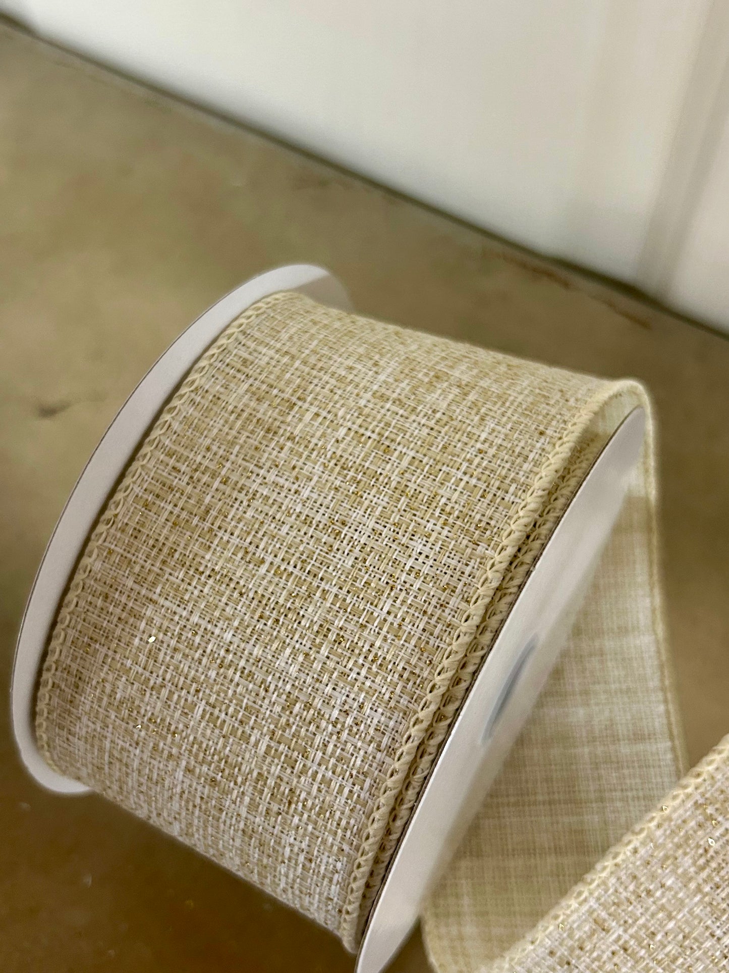 2.5 Inch By 10 Yard Ivory And Gold Glitter Metallic Tweed Ribbon