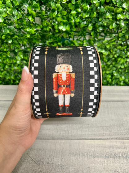4 Inch By 10 Yard Black White Check Nutcracker With Red Backing Ribbon