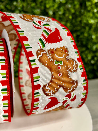 2.5 Inch By 10 Yard Gingerbread With Santa Hats Ribbon