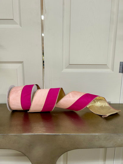 4 Inch By 10 Yard Pink And Light Pink With Gold Back Dupioni Ribbon