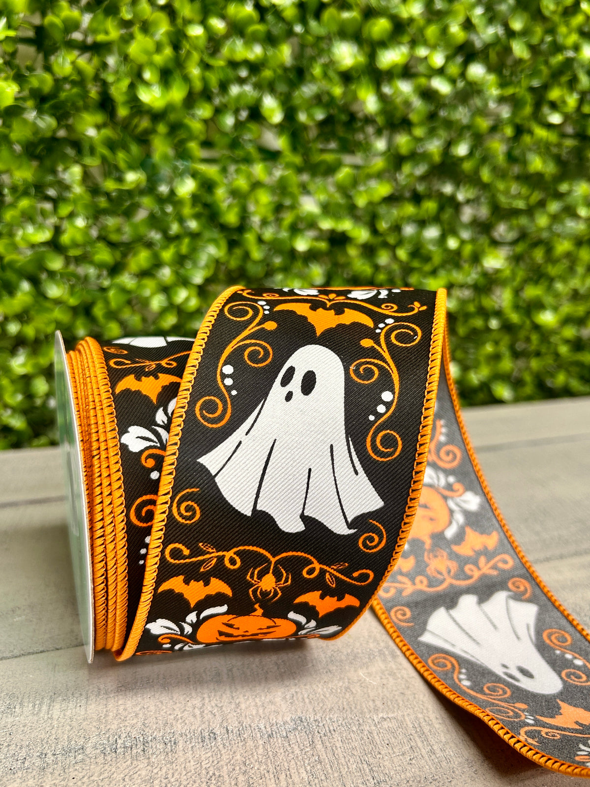2.5 Inch By 10 Yard Ghost And Pumpkin Halloween Damask Ribbon
