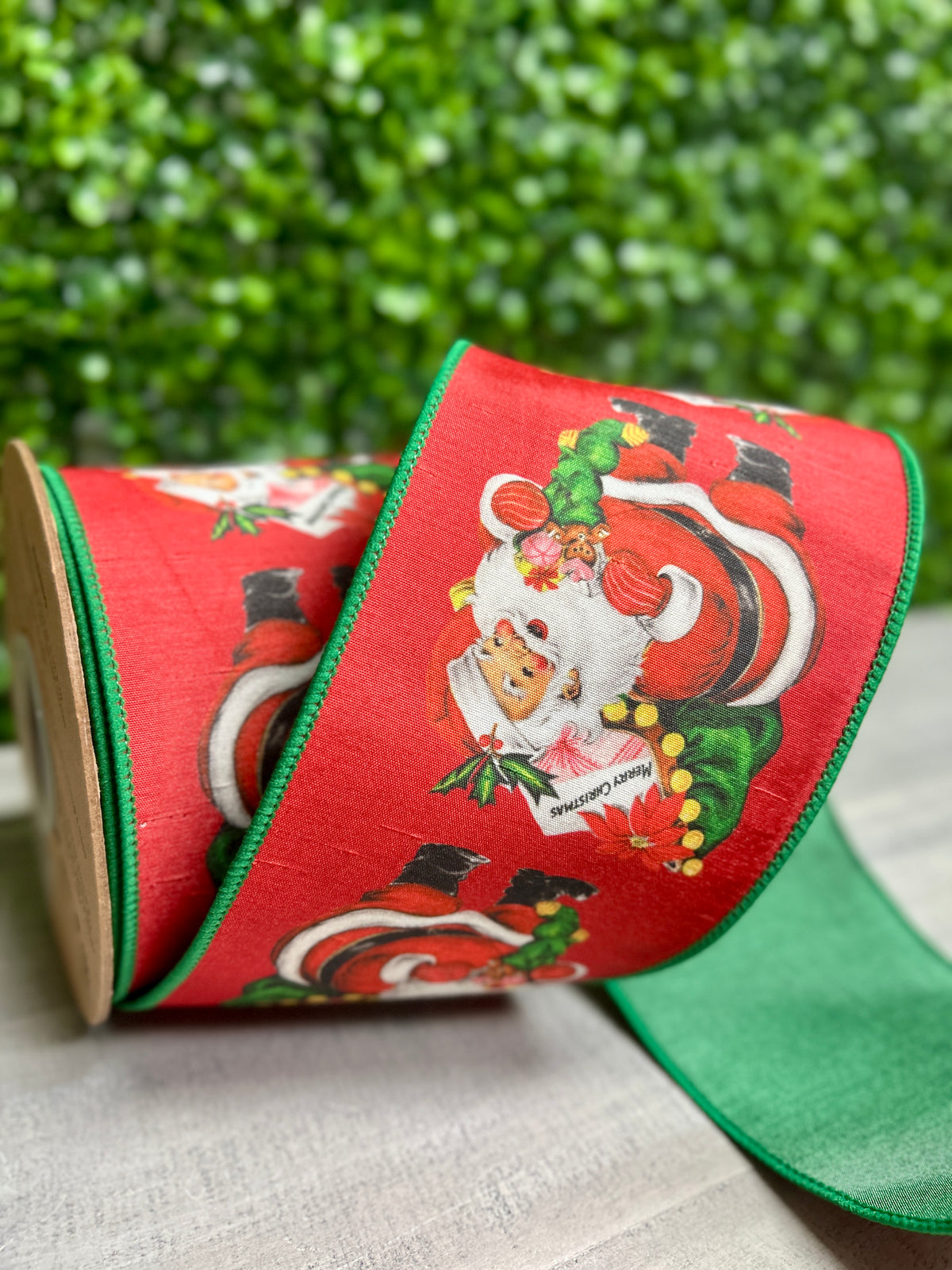 4 Inch By 10 Yard Retro Santa With Green Backing Ribbon