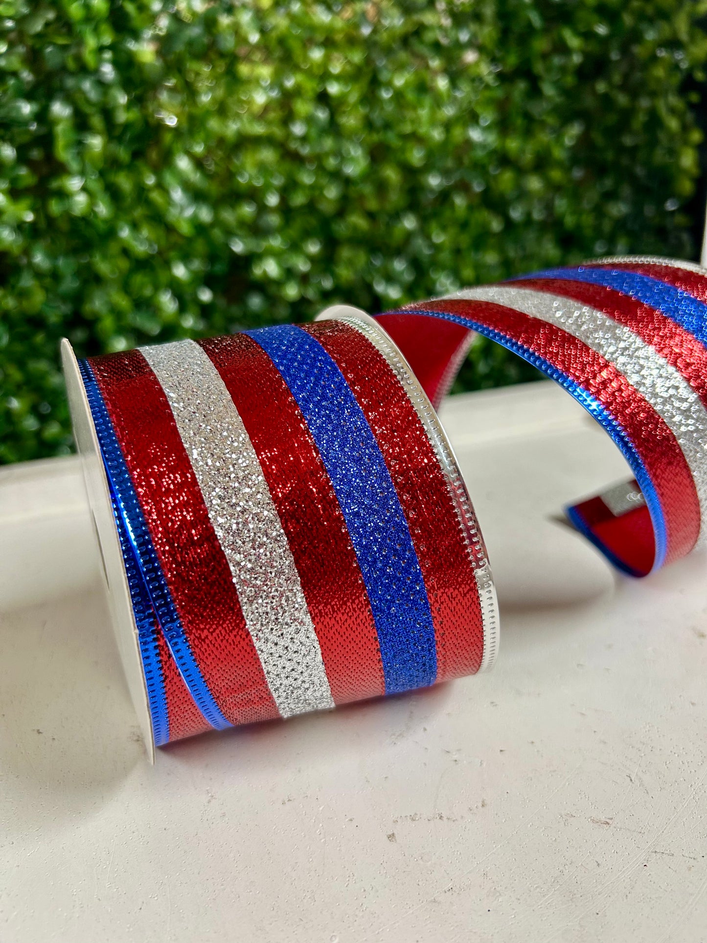 2.5 Inch By 10 Yard Red Blue And Silver Glitter Stripes Ribbon