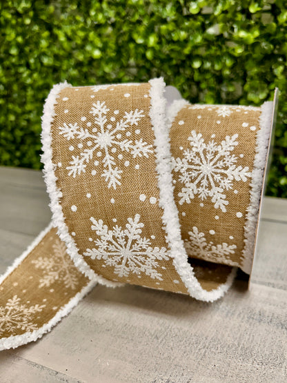 2.5 Inch By 10 Yard White Glittered Snowflakes On Light Beige Background With Snowdrift Edging Ribbon