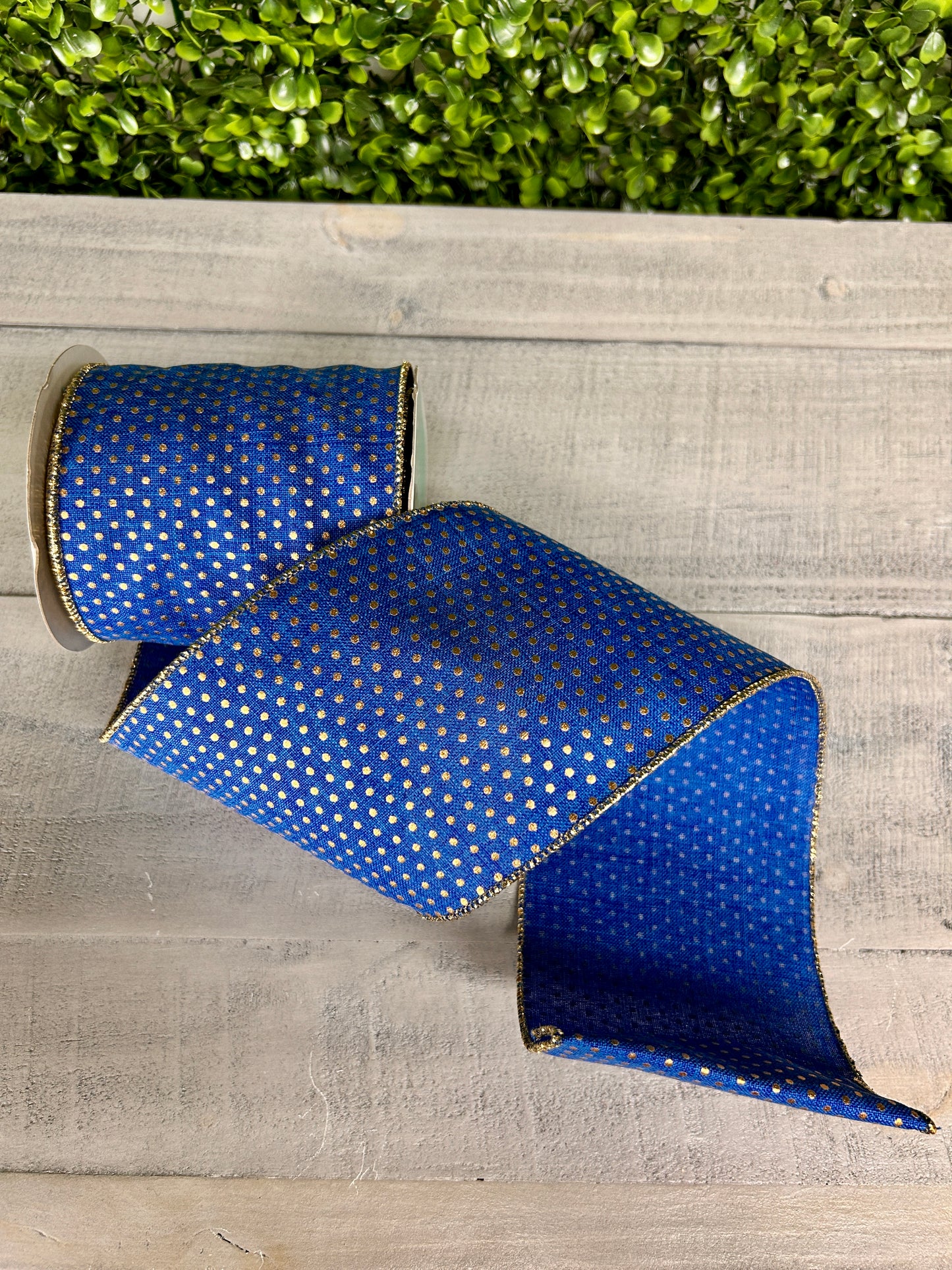 4 Inch By 10 Yard Royal Blue And Gold Swiss Dots Ribbon