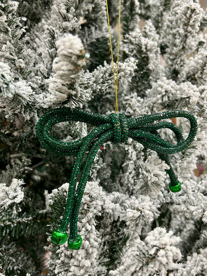 5.5 Inch Green Sparkle Bow With Bells Ornament
