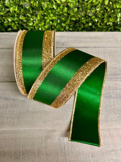 2.5 Inch By 10 Yard Emerald And Gold Vertical Glitter Stripe Sewn Ribbon