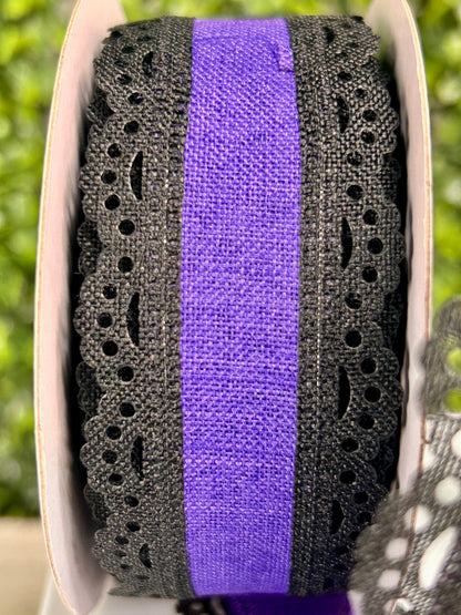 1.5 Inch Black And Purple Lace Edge Royal Burlap Ribbon