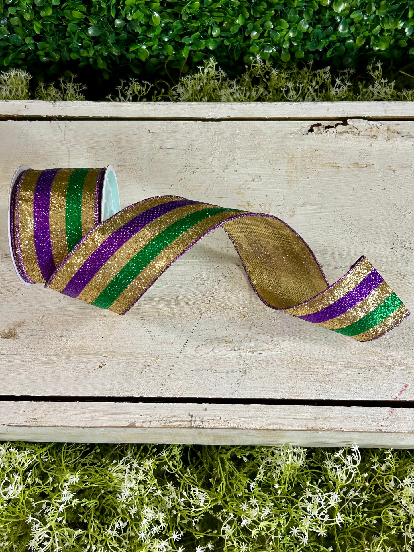 2.5 Inch By 10 Yard Mardi Gras Full Glitter Stripe Ribbon