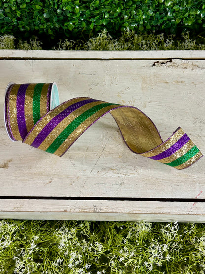 2.5 Inch By 10 Yard Mardi Gras Full Glitter Stripe Ribbon