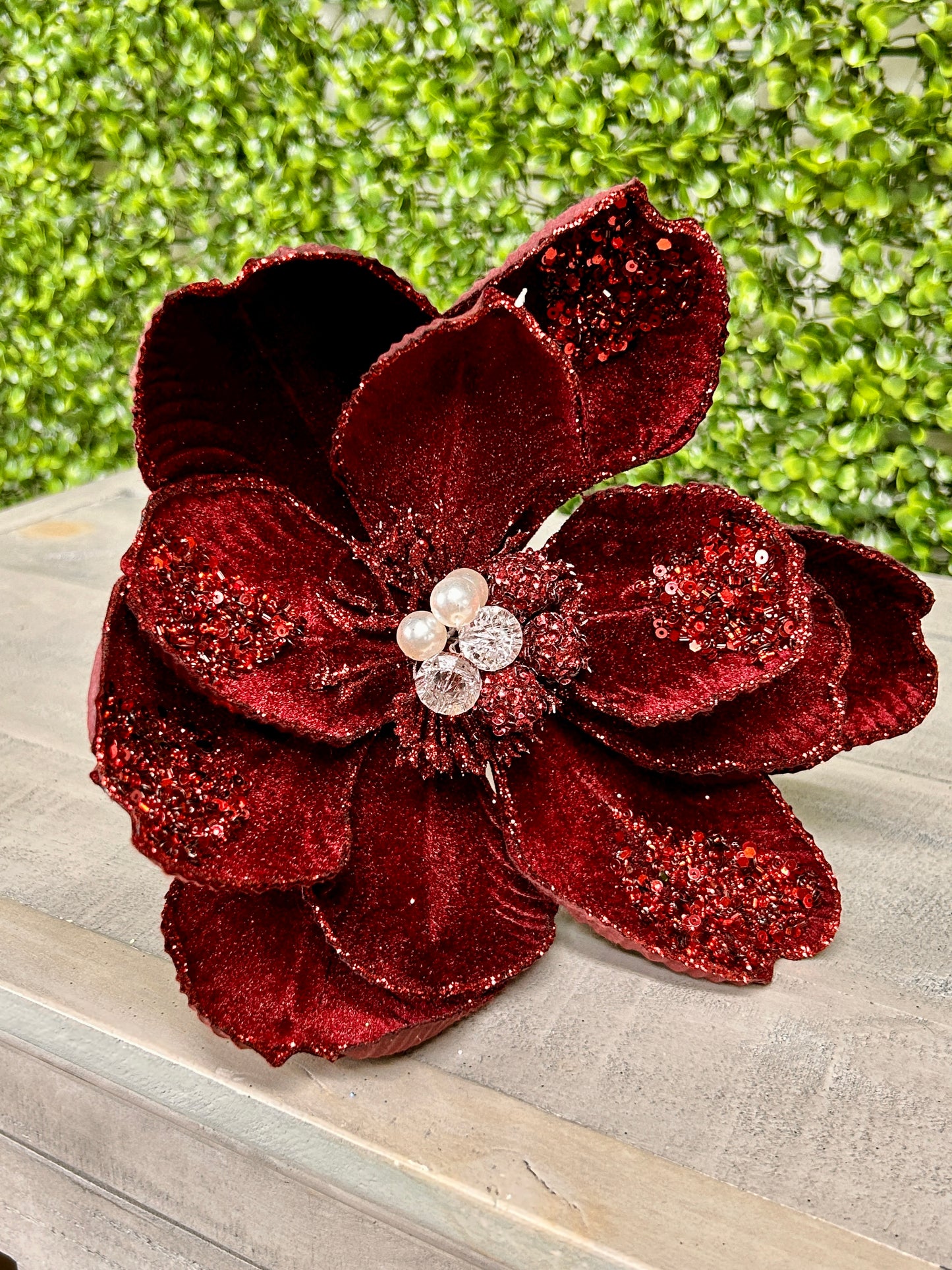 22 Inch Burgundy Glitter Sequin And Bead Magnolia Stem