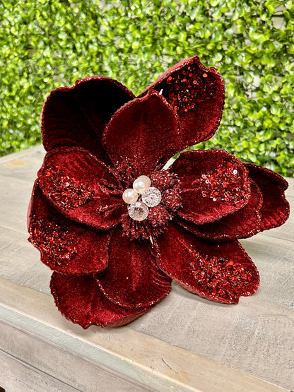 22 Inch Burgundy Glitter Sequin And Bead Magnolia Stem