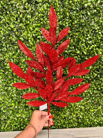 23 Inch Red Glitter Bay Leaf Spray