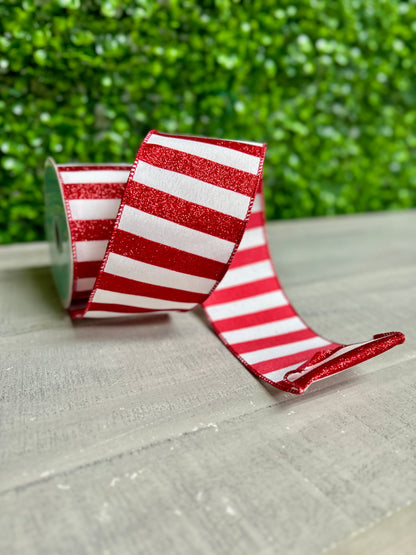 2.5 Inch By 10 Yard Red And White Horizontal Glitter Stripe Ribbon