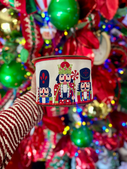 4 Inch By 10 Yard Printed Nutcracker With Red Backing Ribbon